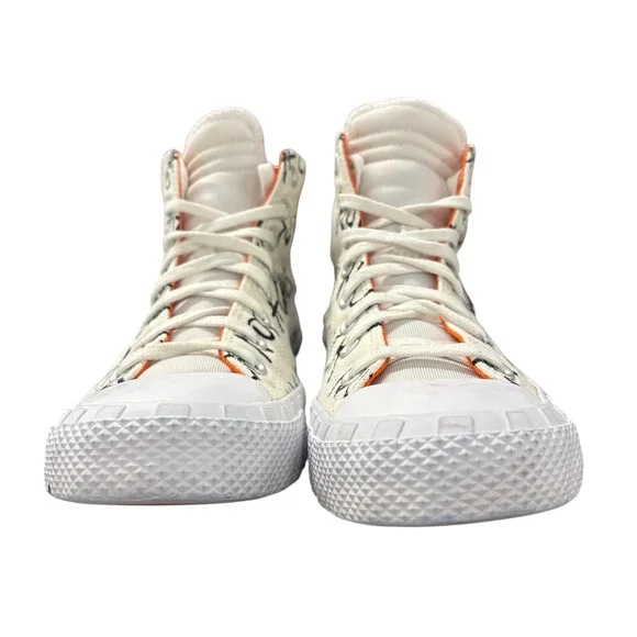 Converse High Top Sneakers Off-White with Black Script and Orange Accents - Picture 3 of 10